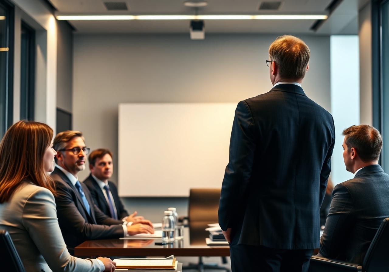 Attorney standing across from insurance company executives
