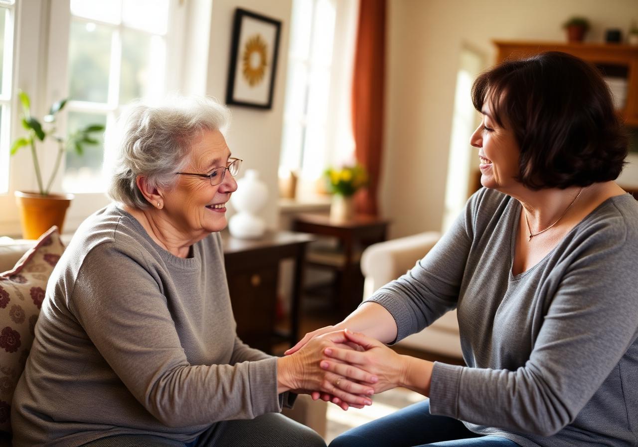 Adult daughter holding hands with her elderly mother