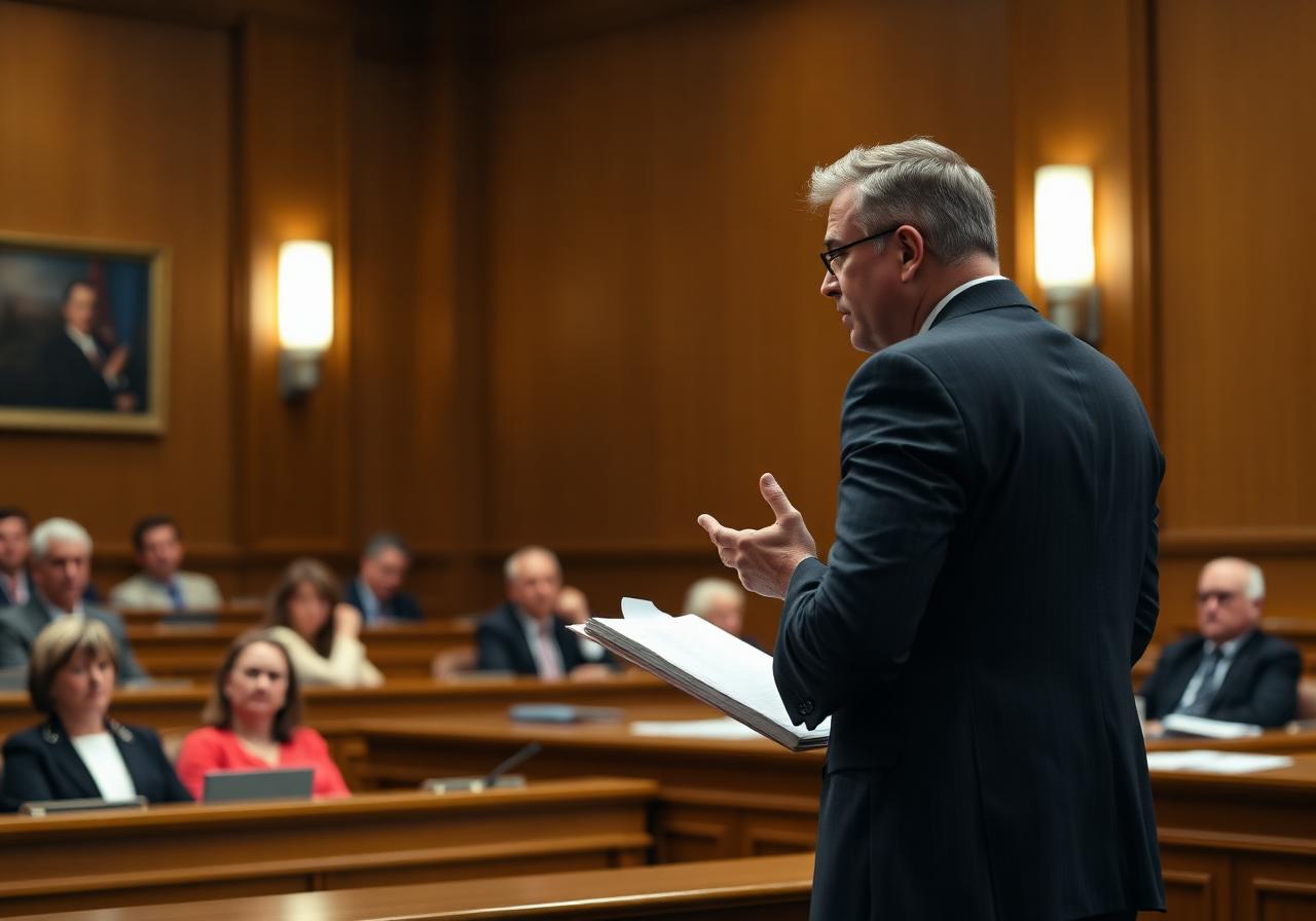 Trial attorney addressing a courtroom