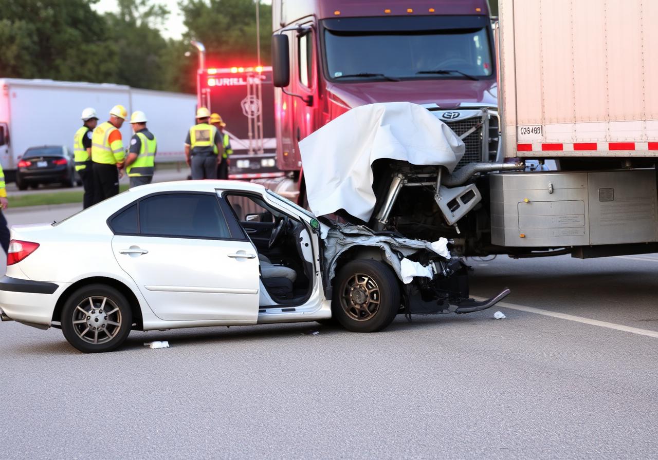 Damaged car after collision with a semi-truck